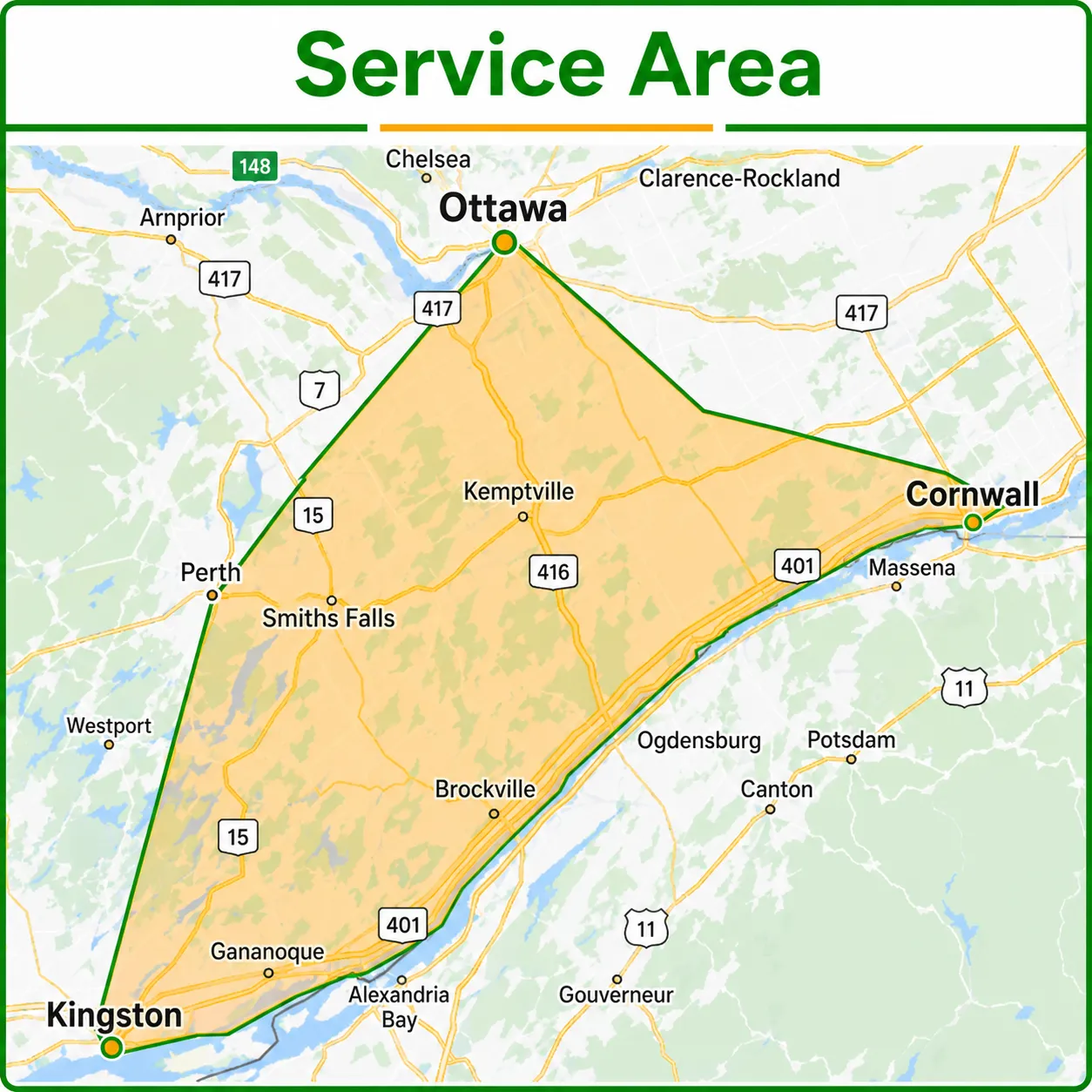 Map of the O'Grady Air service area, covering Eastern Ontario from Kingston to Ottawa to Cornwall
